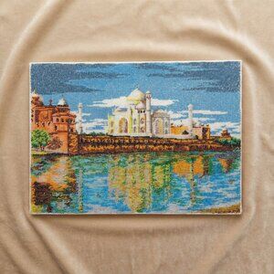Handmade Czech Beaded Embroidery Taj Mahal Beadwork Art on Canvas India Landmark